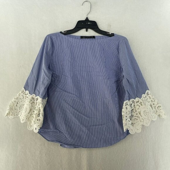 Zara Tops - Zara Blouse Women's Sz XS Blue Striped Boat Neck Embroidered Bell 3/4 Sleeve